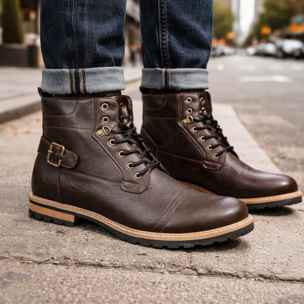 Bruno Marc Leather Combat Boots Brown Lace Up‎ Everyday Rugged
